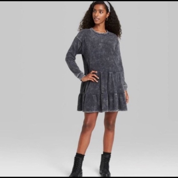Target Wild Fable Distressed Mineral Wash Tiered Babydoll Sweatshirt Dress - Picture 1 of 11